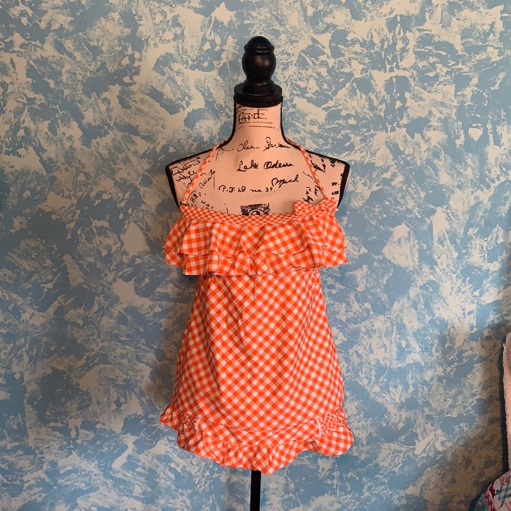 Orange two piece plaid bathing suit